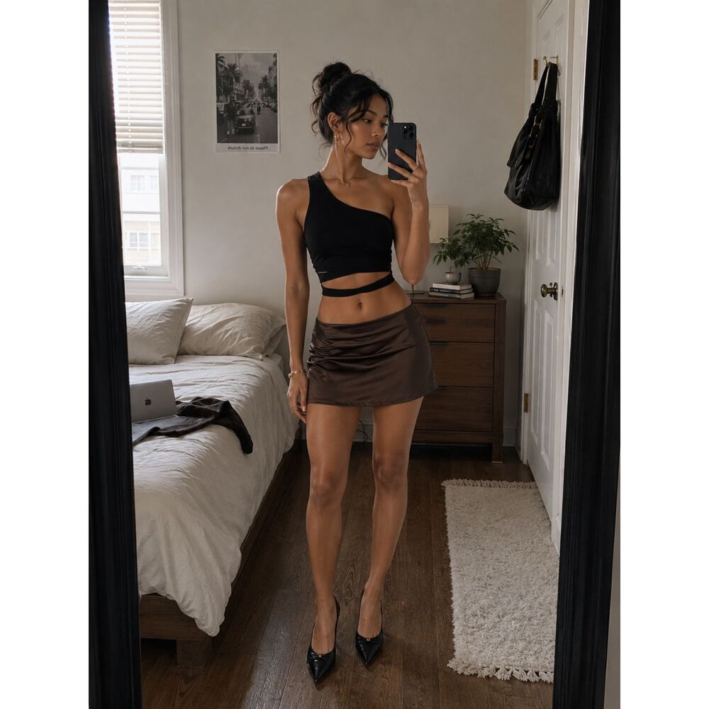 Black Satin Mini Skirt Y2K Neutral Going Out Skirt